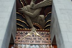 New York City Rockefeller Center 03B Frieze Above Main Entrance By Lee Lawrie Depicts Wisdom With Slogan Wisdom and Knowledge Shall Be The Stability Of Thy Times.jpg